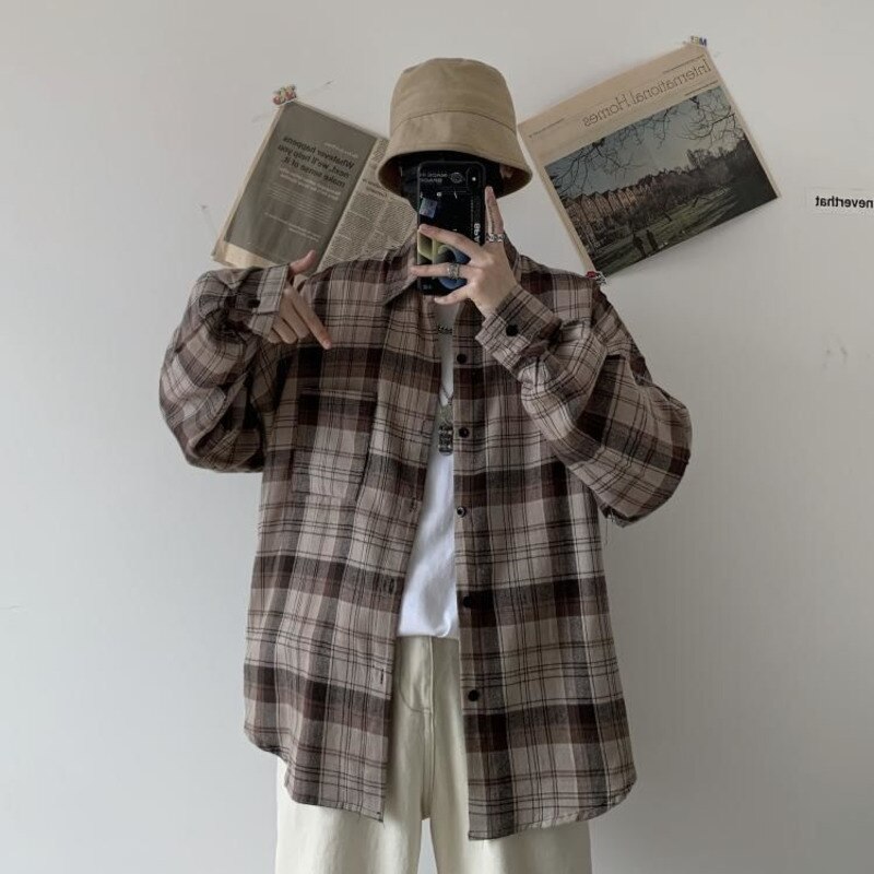 Våren bomulls rutig skjorta herr retro brun fritidsskjorta herr streetwear vilda lösa långärmade skjortor herr m-xl