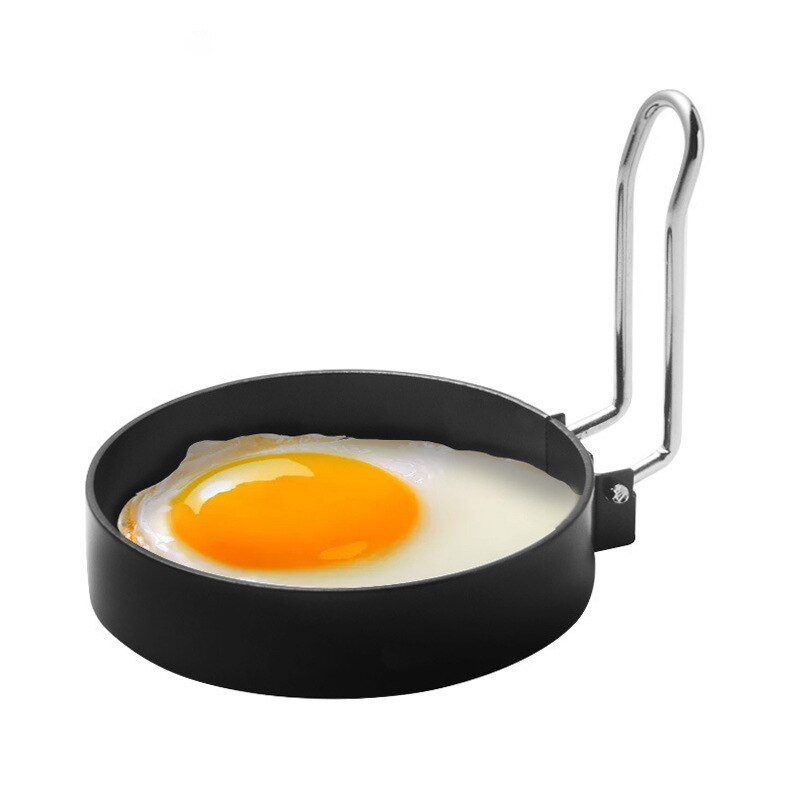 Moldes de Metal negro para freír huevos, moldes redondos para panqueque de huevo frito con mango, molde antiadherente para huevos fritos, accesorio de cocina: Black