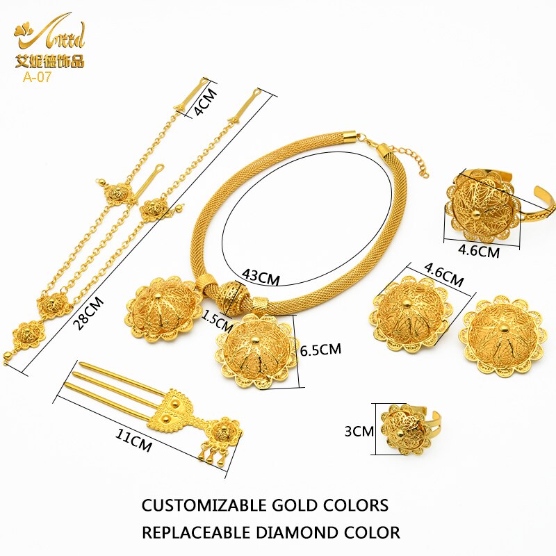 ANIID Dubai Ethiopian Flower Gold Plated 6pcs Jewelry Sets For Women Nigerian Luxury Necklace Jewellery Set Wedding Party