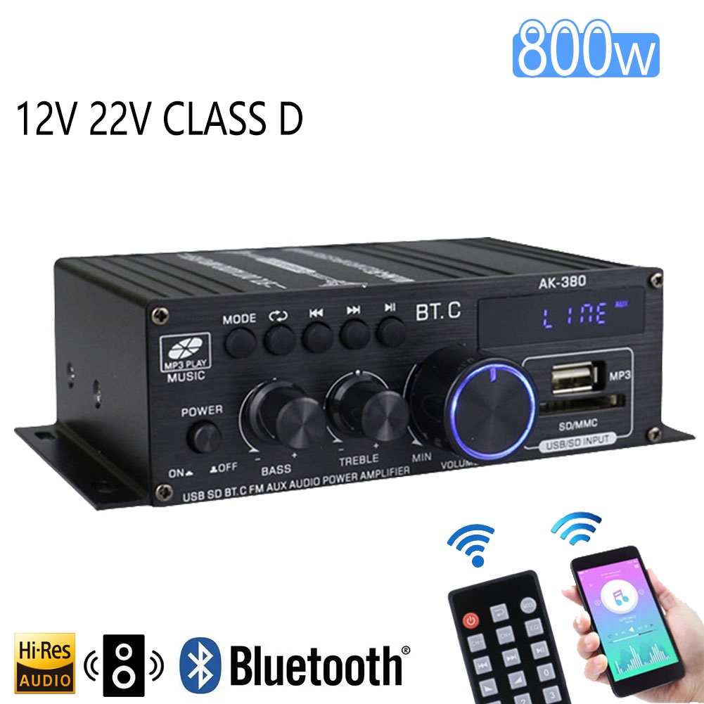 Amplificador Bluetooth AK380, 800W, Audio HiFi, Karaoke, cine en casa, 2 canales de potencia, Clase D, USB, SD, AUX,