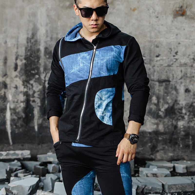 Trajes deportivos para hombre, Fitness, chaqueta de aspecto delgado, pantalones de , estilo callejero, entrenamiento de ocio, estampado, abrigo Casual, entrenamiento de gimnasio: L / blue black jacket