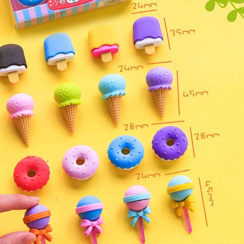 4 unids/pack lindo postre borrador conjunto encantador Lollipop helado Donuts de goma borrador de lápiz para los niños la fuente de la escuela