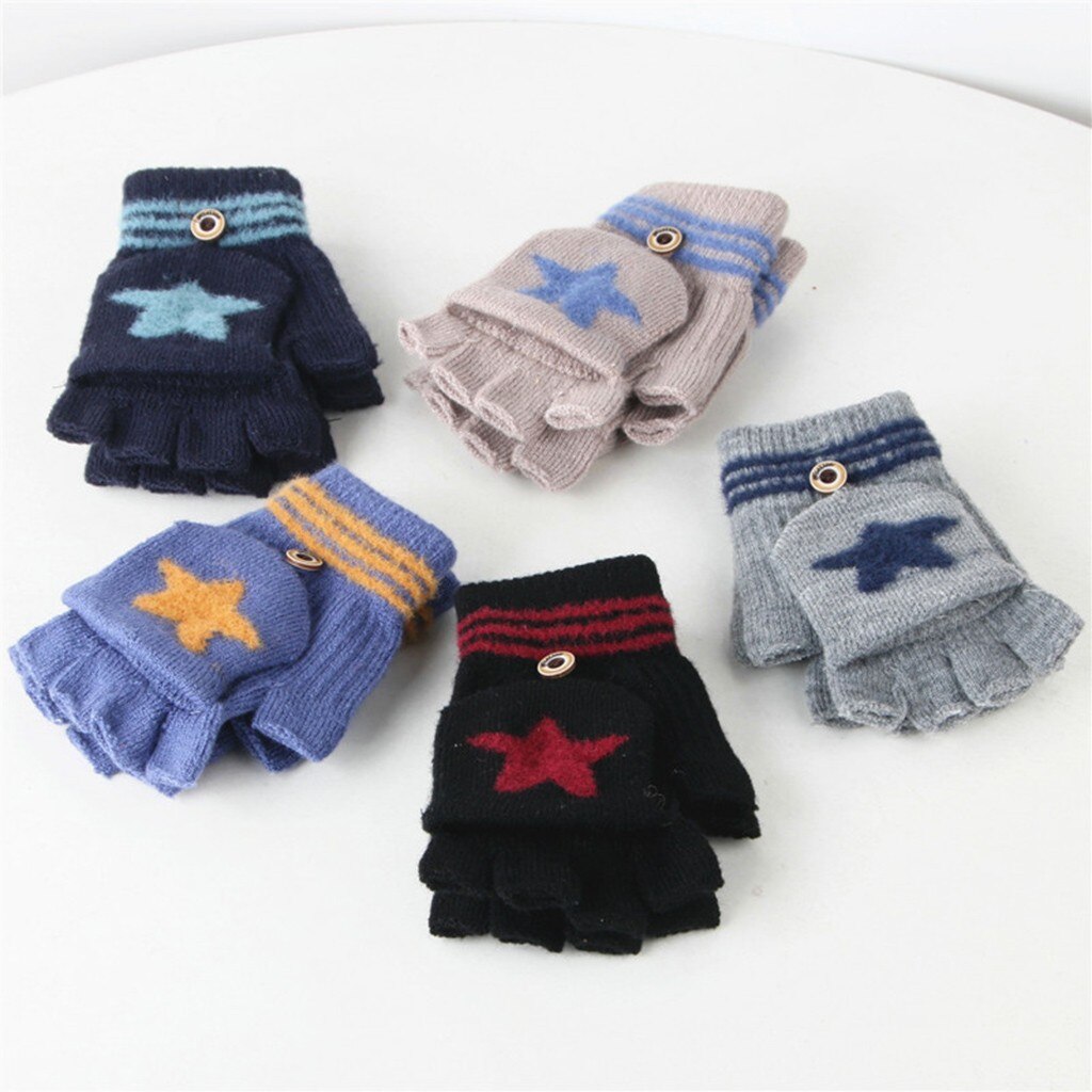 ARLONEET Kid Girls Boys Winter Knit Thicken Gloves Convertible Flip Top Fingerless mittens Stitching warm Gloves CO22