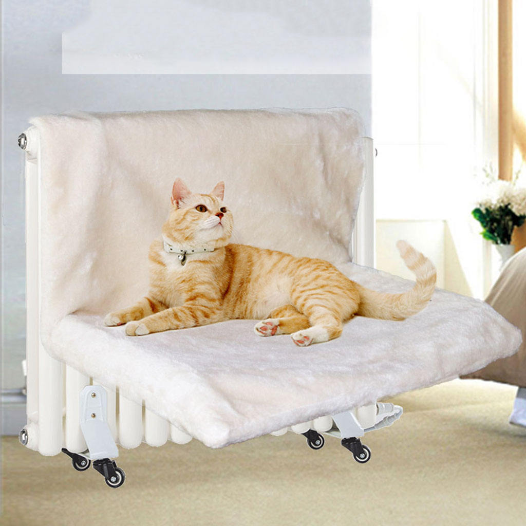 Folding Hammock Bed Cats Cozy Shelves Beds Pet Furniture Cage Detachable Kitten Warm Hanging Cat Radiator with Rack: Beige Plush