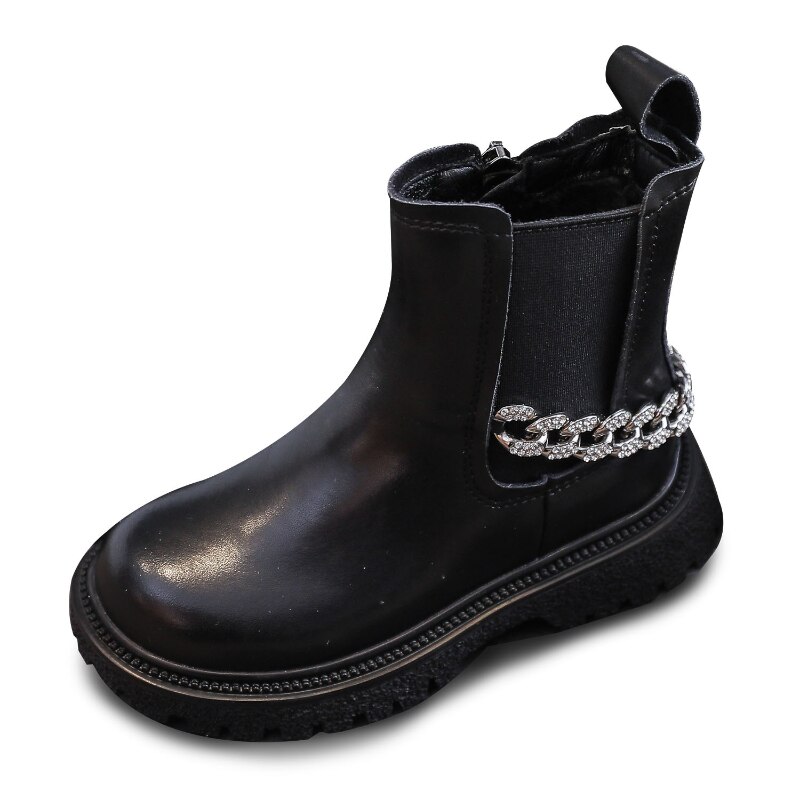 Autumn Winter Girls Boots Princess Martin Shoes Children Soft Leather Crystal Chain Kids Boots Ankle