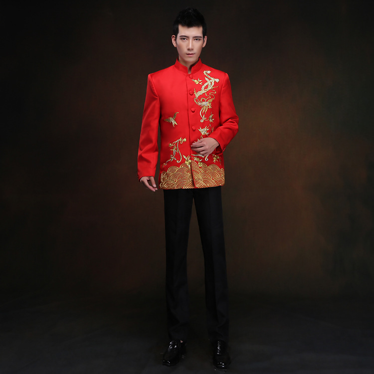 Czerwona tunika mężczyźni tradycyjny chiński mężczyzna orientalne męskie ubrania shanghai tang top cheongsam ślub chiński garnitur tang dla mężczyzn: Red5 / L
