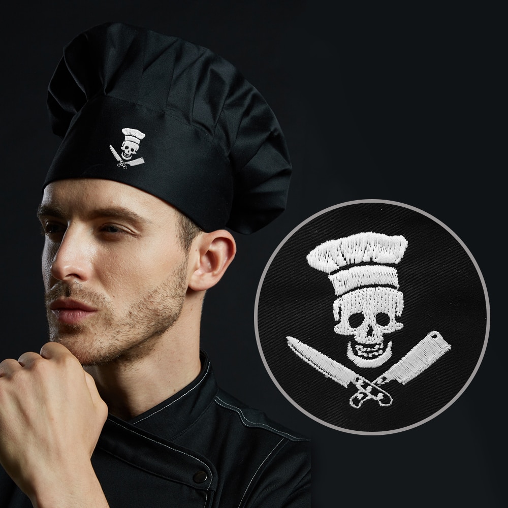 Chapeau de Chef brodé tête de mort, noir réglable pour hommes et femmes, casquette de cuisine pour adultes, Grill, boulanger, uniforme de travail pour BBQ, haut en maille