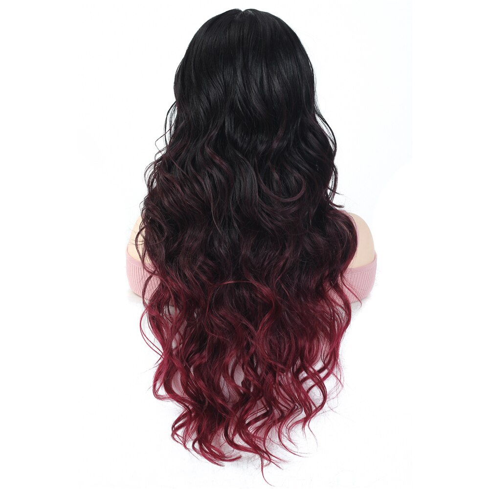 SOKU Ombre Wine Red Color Lace Front Wig 23 Inch Long Wavy Hair Synthetic Wigs With Natural Hairline For Women Trendy Hairstyle