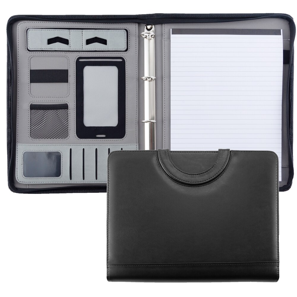 A4 Document Folder Organizer PU Leather Zipper Ring Binder Conference Bag Business Briefcase Padfolio Portfolio with Handle: Black