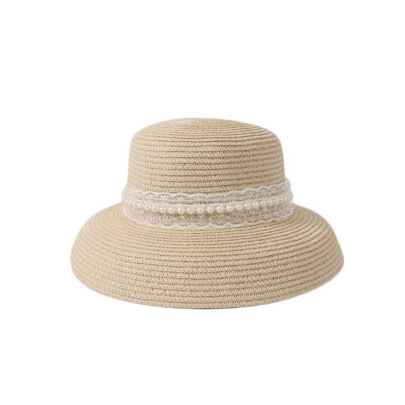 Modieuze strohoed strandhoed dames zomer strand zonnehoed buiten zonnehoed reizen grote dakrand zonnehoed: Beige wit lint
