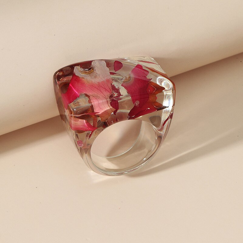 Anillo grande de resina para mujer, joyería de lujo con flores secas acrílicas transparentes, para mujeres: 4