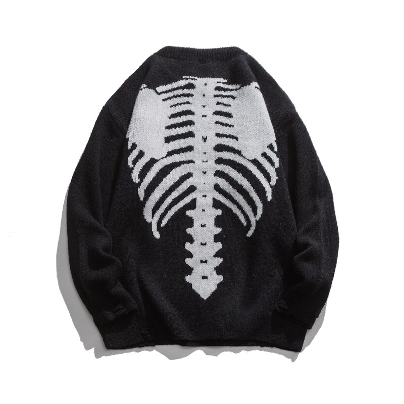 Skelet Bone Jacquard Truien Streetwear Harajuku Casual Trui Mannen Kleding Winter Jas Retro Losse Paar Top: Black / Xl