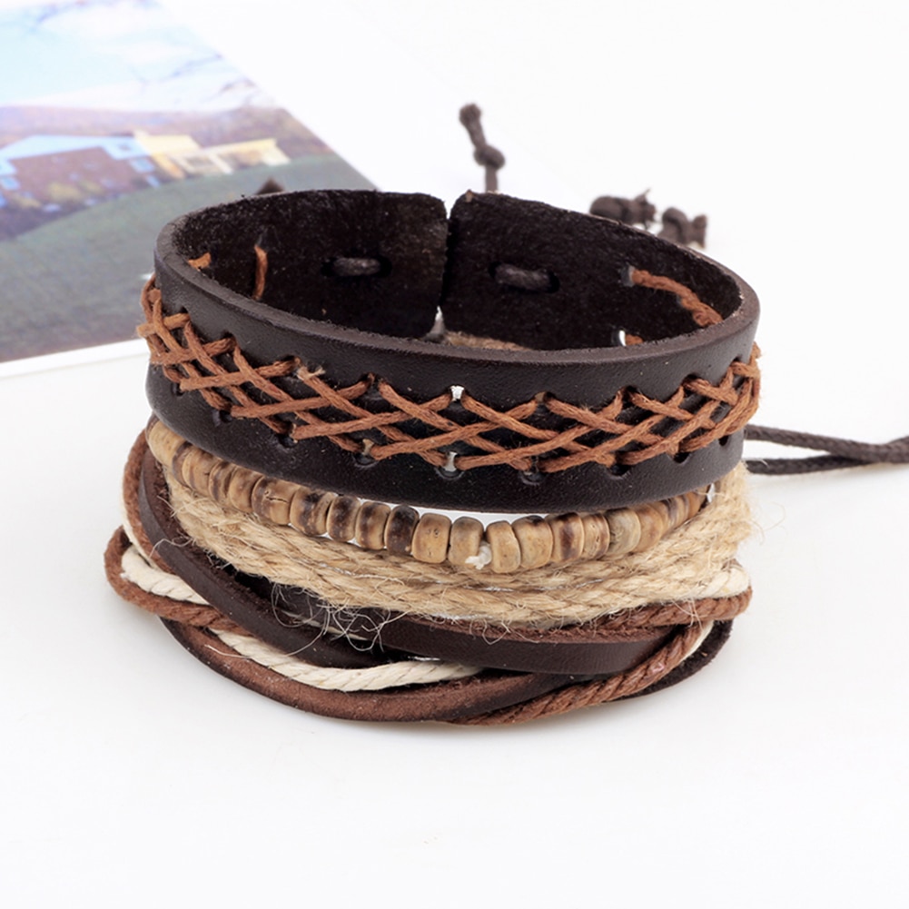 Bracelet en cuir tissé multicouche pour hommes, , fait à la main, réglable, Vintage, bohème,
