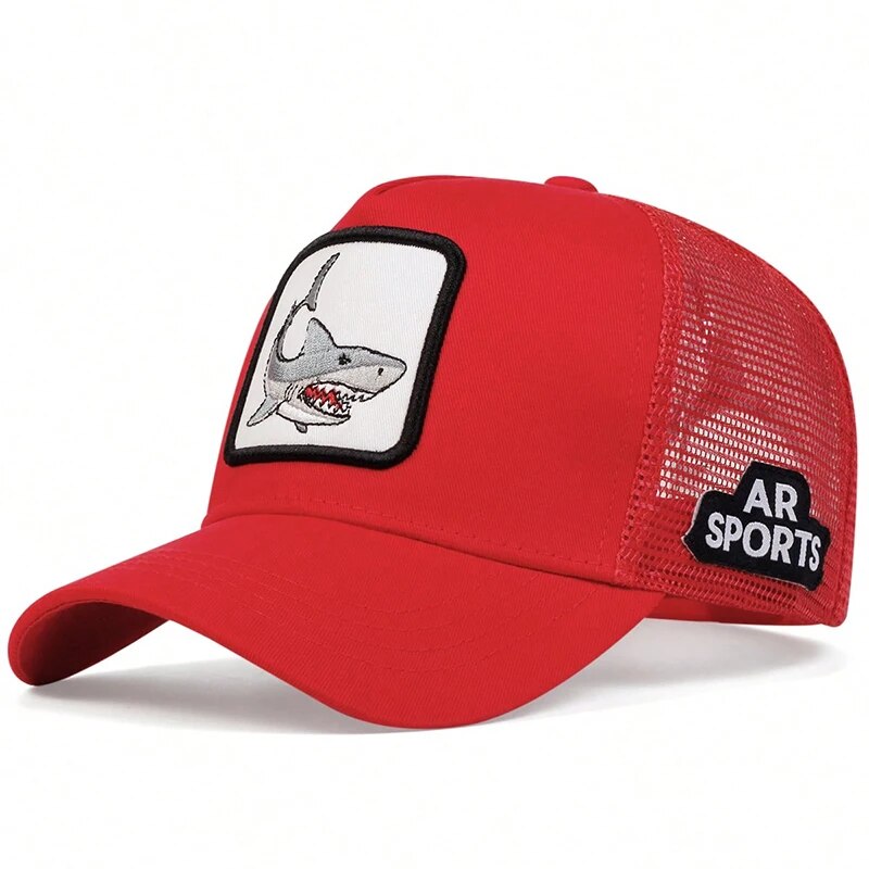 Unisex Shark Patch Embroidery Baseball Net Caps Spring Summer Outdoor Adjustable Casual Hats Sunscreen Hat: Red