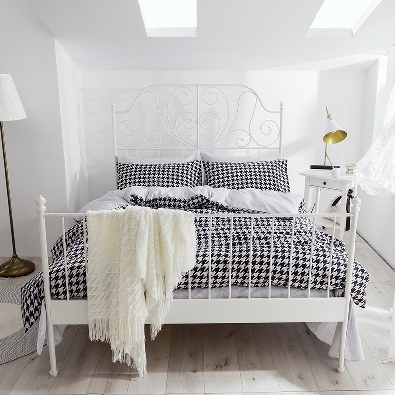 Liv-Esthete Classic Houndstooth Bedding Set Modern Duvet Cover Flat Sheet Pillowcase Double Queen King Bed Linen For Adult