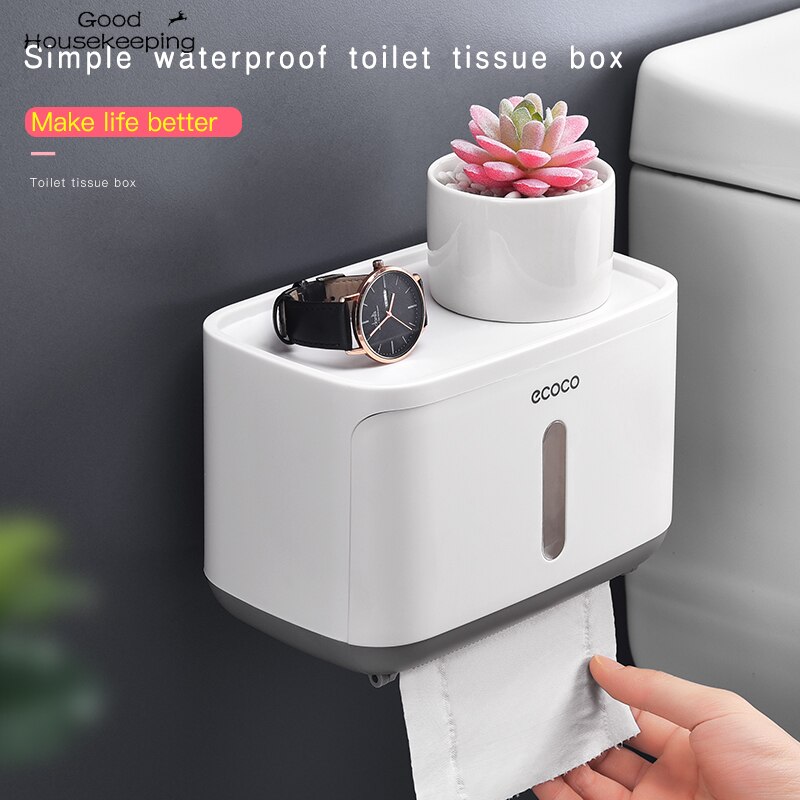 Vægbeslag toiletpapirholder vandtæt bakke rulletoiletpapirholder multifunktionel badeværelsesarrangør
