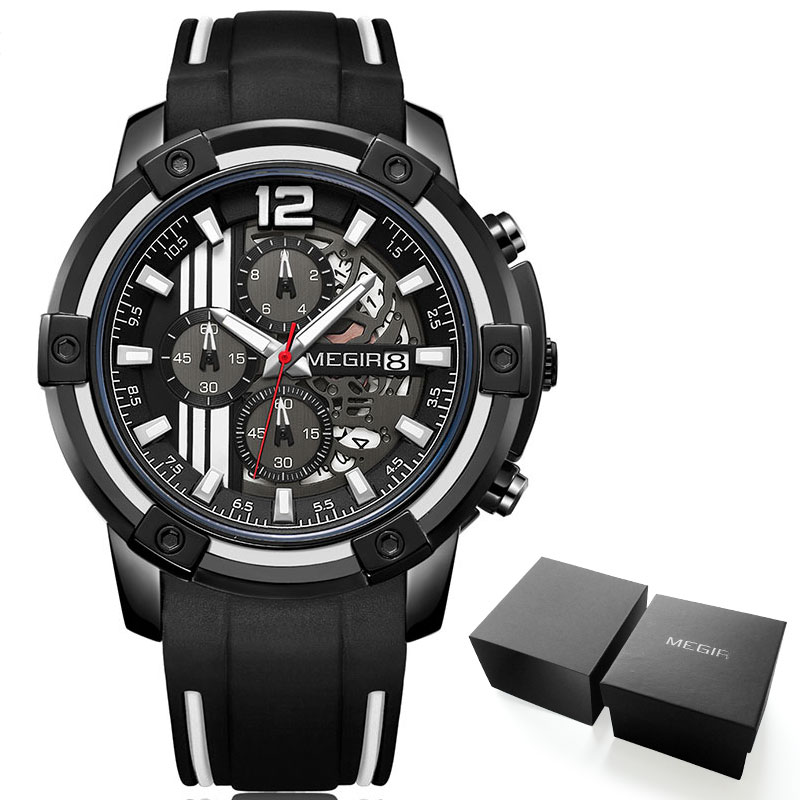 Megir Mannen Zwarte Siliconen Band Quartz Horloges Chronograaf Sport Horloge Voor Man 3atm Waterdichte Lichtgevende Handen 2097 Geel: MN2097G-Black