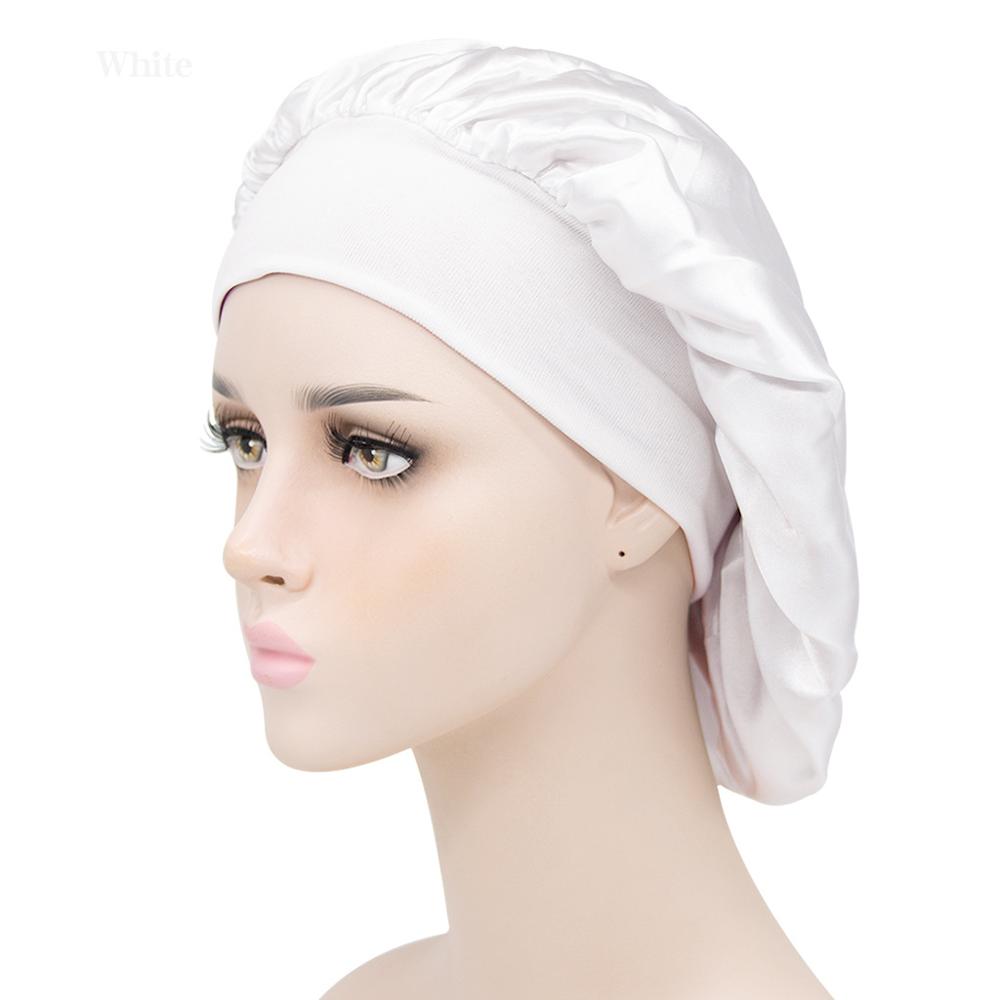 Gorro de descanso de ala ancha de satén para mujer, gorro de dormir para el cuidado del cabello, gorro de noche, Unisex, gorro de ducha, envoltura de cabeza de seda: white