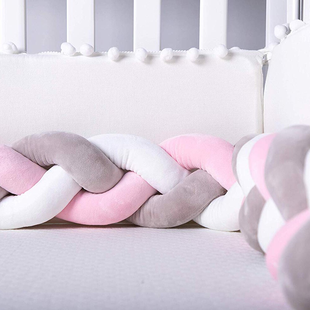 Baby Crib Bumper Knotted Braided Plush Nursery Cradle Decor Newborn Pillow Cushion Junior Bed Sleep Bumper (2 Meters, Whi