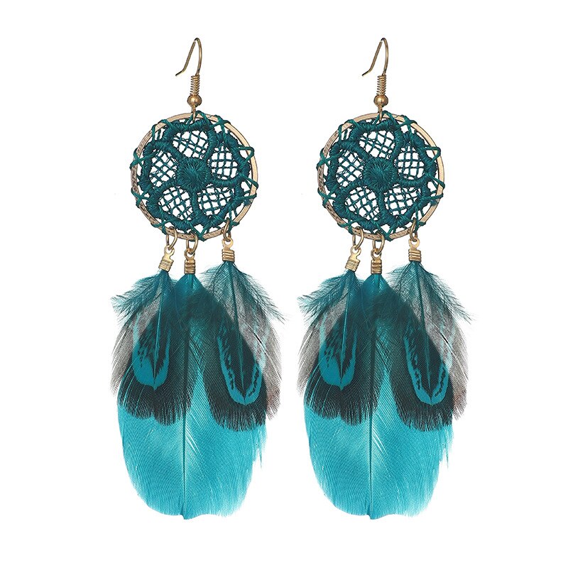 Bohemian Woven Dream Catcher Feather Dangle Earrings for Woman Trendy Boho Long Tassel Earring Wedding Jewelry