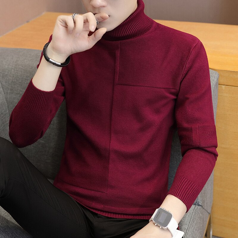 Tröja med turtleneck botten för män enfärgad business casual stickad tröja snygg slimmad lätt match tröja herr cool