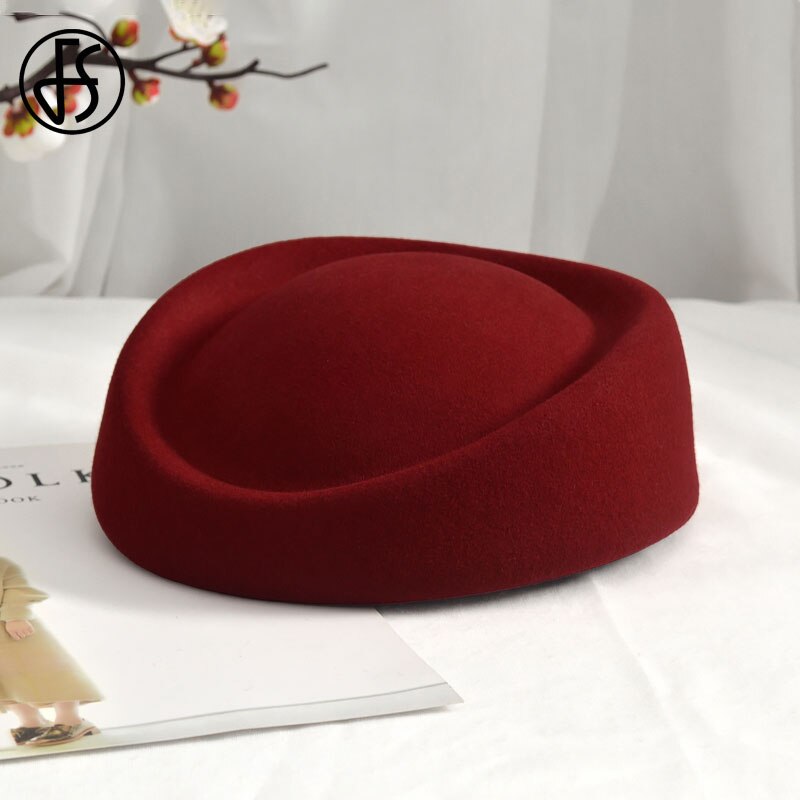 FS Women Fascinator Hat Base Red Wedding Party Church Cocktail Wool Hats Solid Fedora Hats For Bridal Chapeau Femme