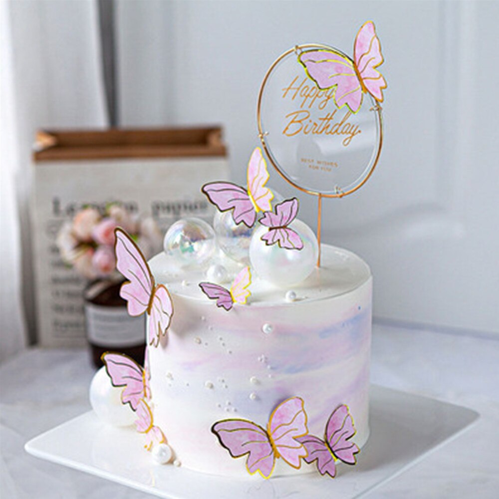 10pcs Cake Toppers Decoration Handmade Painted Pink Butterfly Topper For Wedding Birthday Party Baby Shower Baking Supplies