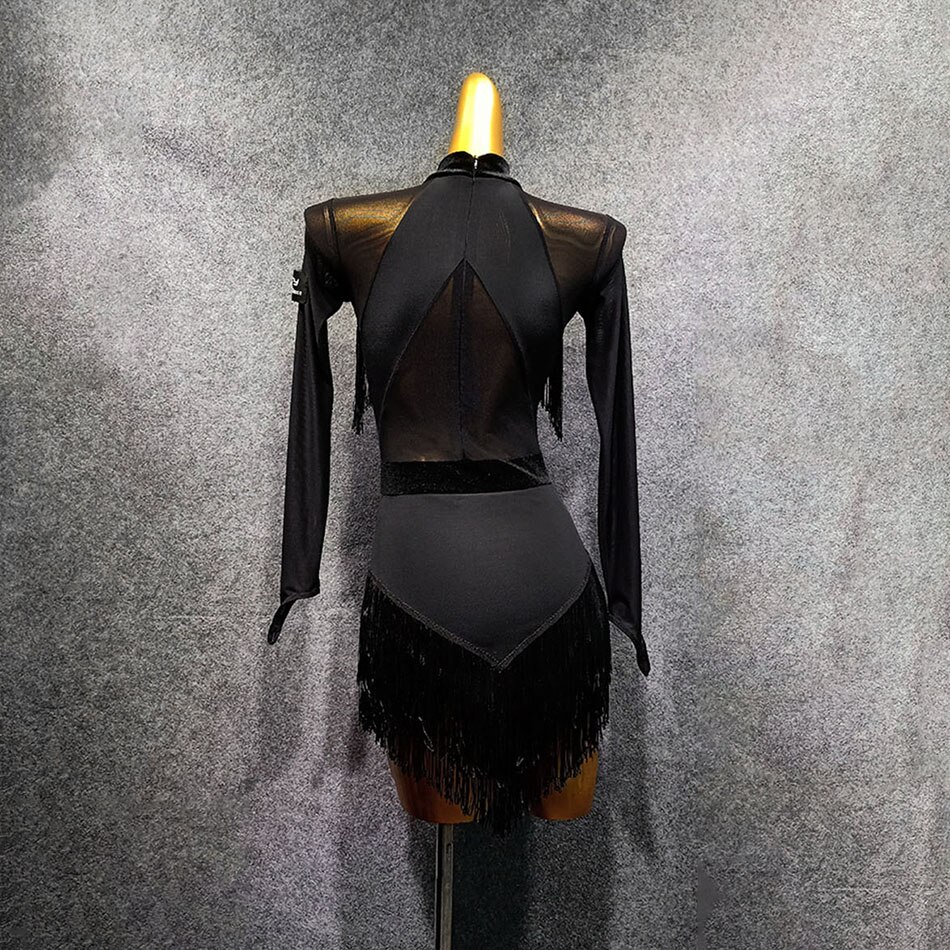 Vestido negro de manga larga con flecos para mujer, vestido de baile latino, para actuaciones, salón de baile, Samba, Tango, T048-2, novedad de