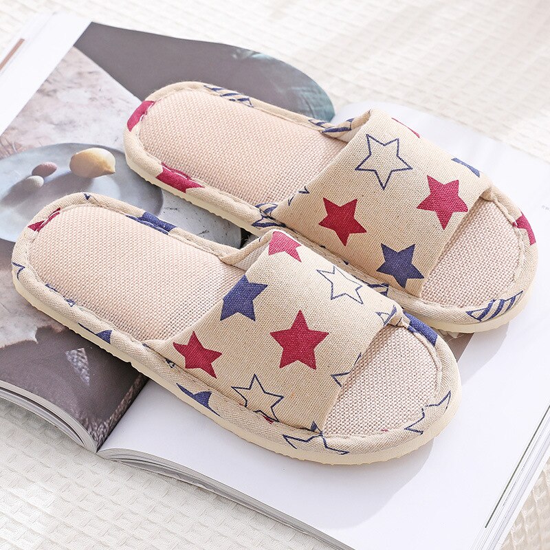 1 Paar Linnen Katoen Vrouwen Slippers Cartoon Bloemen Bedrukte Thuis Gast Indoor Slippers Foam Onderkant Flip Flop Schoenen Hotel Slippers: star / S