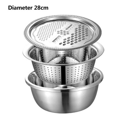 Cuenco multifuncional de acero inoxidable, rallador de verdura y fruta, rebanador, rallador, fregadero, colador de cocina, cuenco de lavado, utensilios de cocina: 28cm