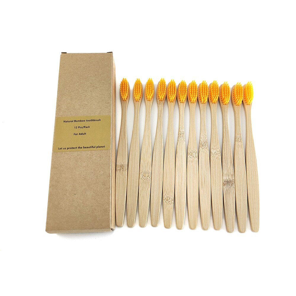Brosse à dents en bambou , fibre souple, manche en bambou solide, , santé buccale, voyage, 12 pièces/paquet: 1200-J-1