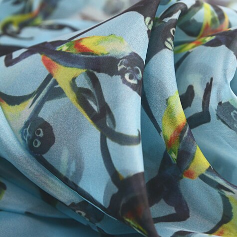 cartoon monkey print on blue silk organza silk fabric 10momme 55" width by yard,SOZ026