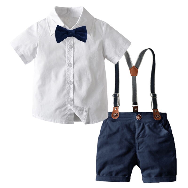 Junge Bogen Gentleman Kleidung Weißes Hemd + Nary kurze Hose mit Hosenträger freundlicher freundlicher Outfits Kurzarm setzt: 12m