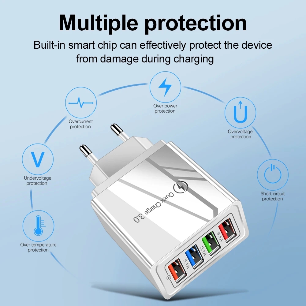 Cargador USB multipuerto de carga rápida 3,0, adaptador de teléfono, tableta, cargador de pared portátil, enchufe europeo y estadounidense, 3A, 4 USB