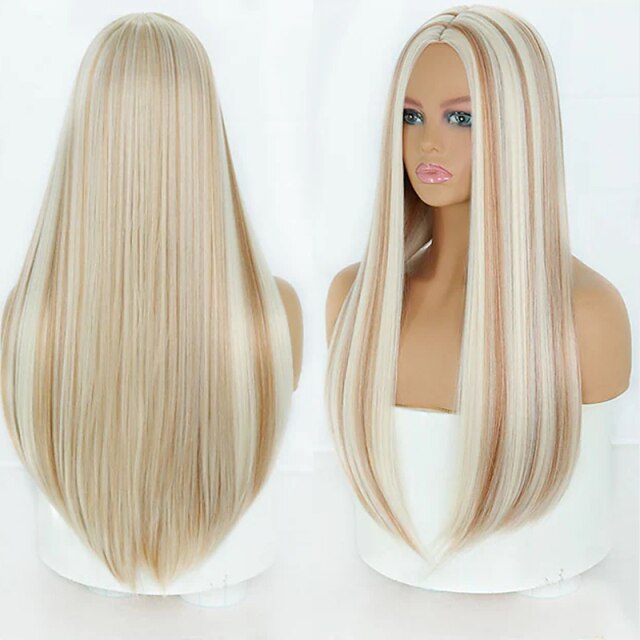 Grillige W Lange Rechte Zwarte Pruiken Voor Vrouwen Zwart Blond Natuurlijke Middelste Deel Hittebestendige Haar Synthetische Pruik: Blonde Beige MIxed