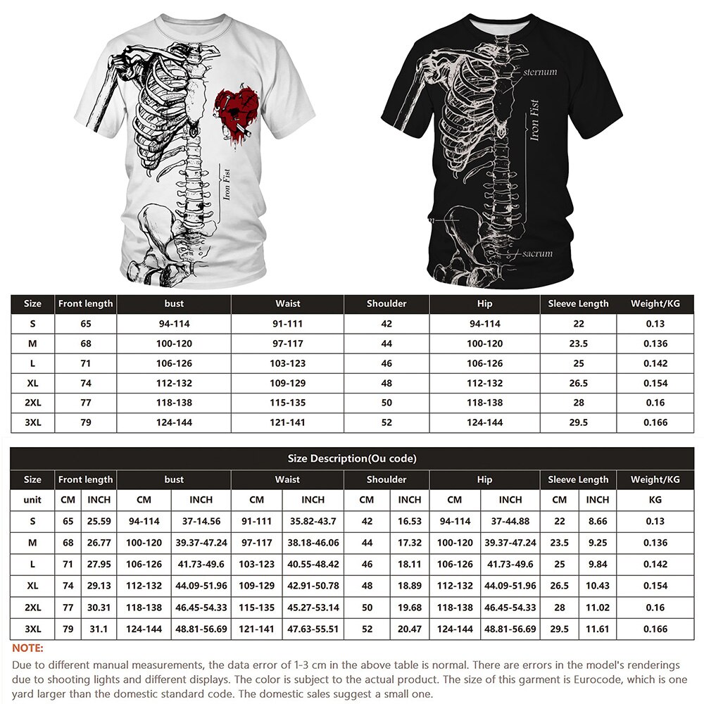 Halloween skelet t-shirt 3d print unisex kostume til kvinder mænd sort/hvid nyhed holdbart