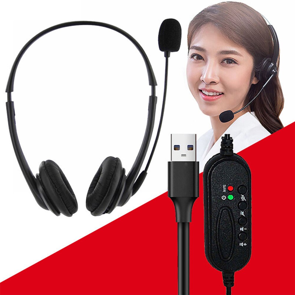 USB Plug Corded Headset Hands-Free Binaural Headphone with Noise Cancelling Microphone Mute Volume Control Button for Office