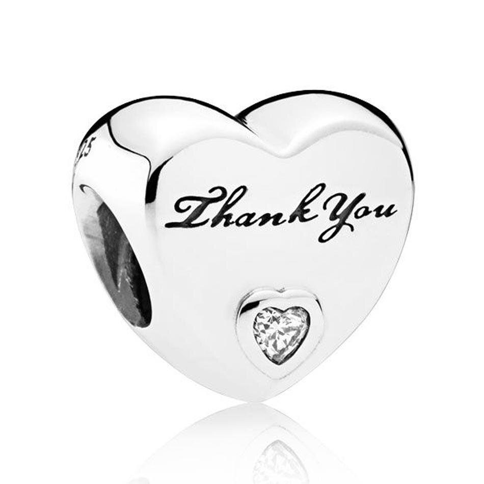 Echt 925 Sterling Zilveren Kralen Hart Clear Cz Bedankt Charm Fit Pan Vrouwen Armband Diy Sieraden