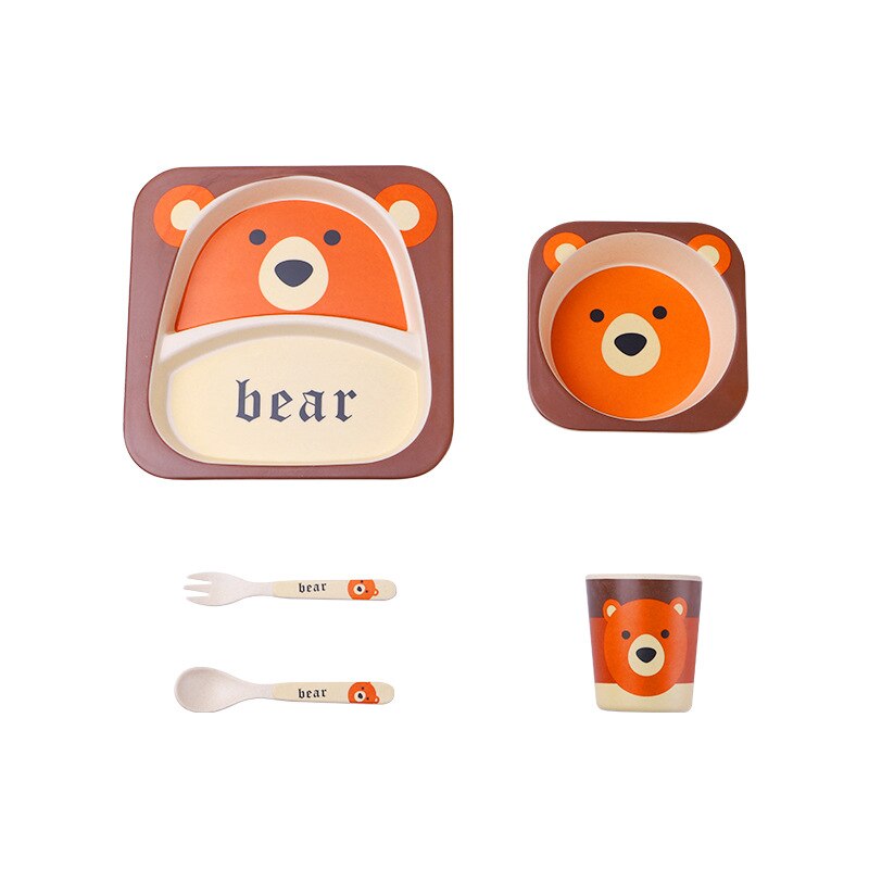 Imebaby5 pièce ensemble bambou vaisselle bambou bol bébé alimentation plaque créative dessin animé enfants bol/tasse/fourchette cuillère coffret