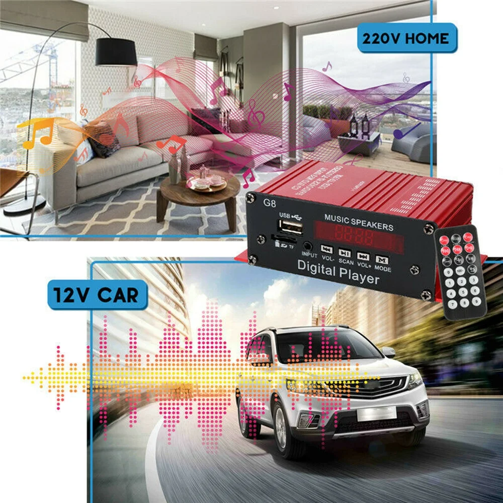 New200W 12V 2CH Mini Digital Bluetooth HIFI Audio Power Amplifier Car Audio Amplificador Stereo Amplifiers FM Radio USB W/Remote