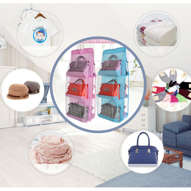 6 Pocket Foldable Hanging Bag 3 Layers Folding Shelf Bag Purse Handbag Organizer Door Sundry Pocket Hanger Storage Closet Hanger