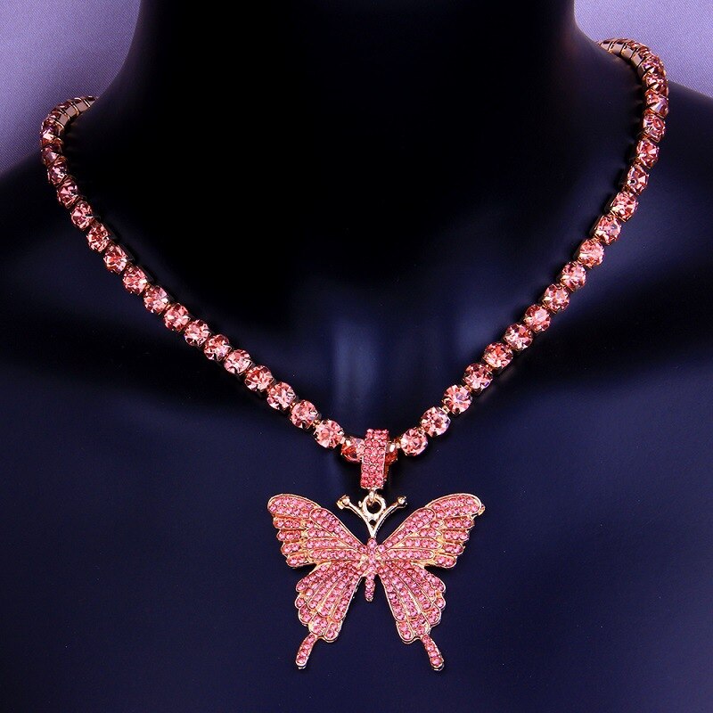 MosiMolly Rhinestone Butterfly Necklace Pendants Women Jewelery Neck Chain Choker Crystal: Pink