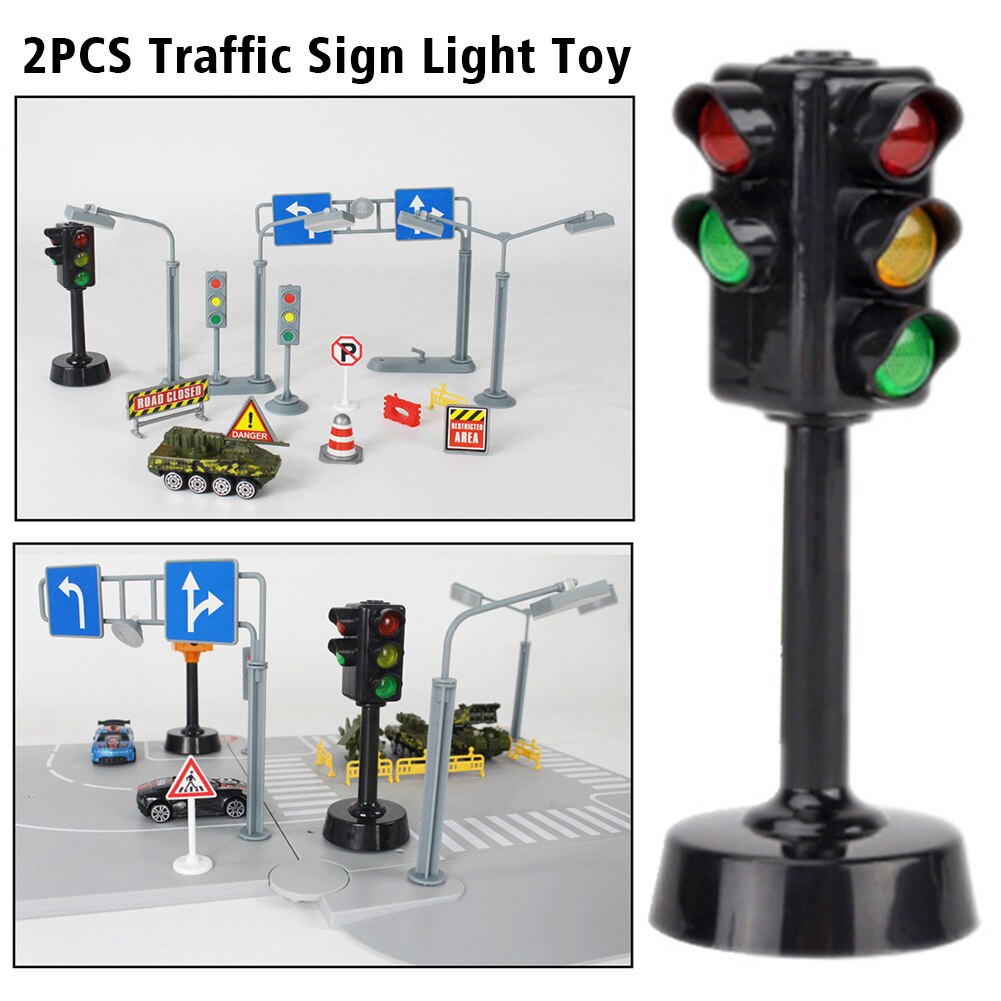 2pcs Traffic Sign Light Toy Role Play Educational Model Road Blocks Voice Flash Kids Rule Cognition Safety Early Learning