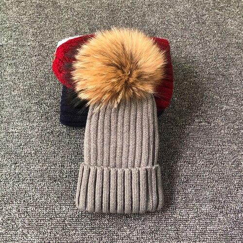 Vinter efterår piger drenge pels pom pom huer hatte bomuld hue hue til baby dejlige strikhuer med pels pompon hatte børn: Grå / Til voksen størrelse 53-62