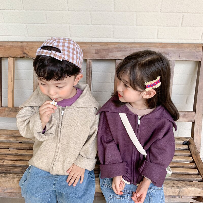 Enfants automne grand revers Cardigan chandails enfant en bas âge garçons et filles à manches longues infantile décontracté couleur unie fermeture éclair manteau hauts