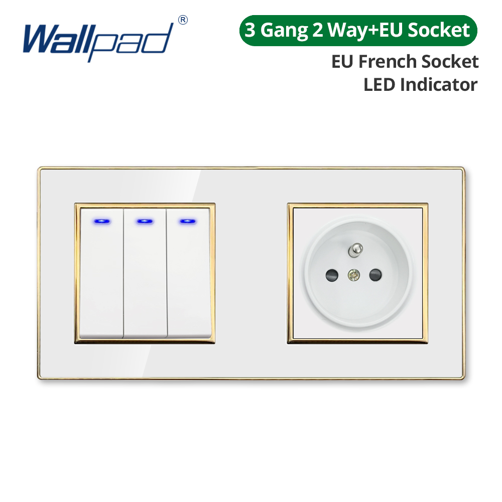 Wallpad White Acrylic Panel Gold Border Wall Light Switch LED Dimmer USB Charge EU Socket Outlet 4 5 6 7 8 Gang 2 Way Reset: GRAY
