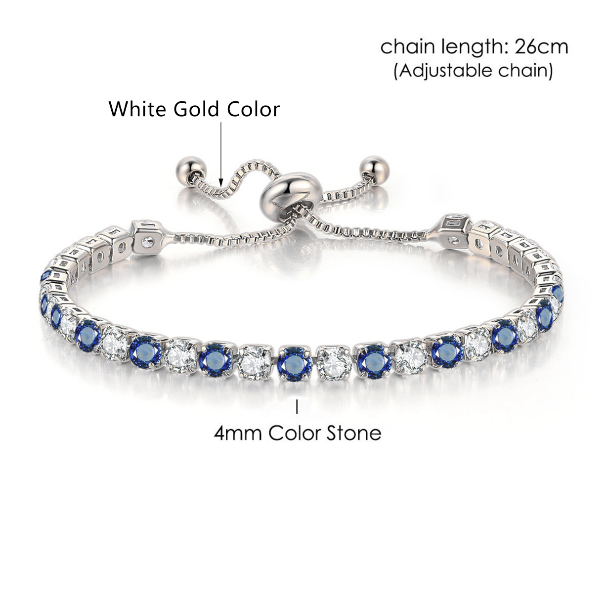 Tennis Bracelets For Women Simple Blue Round 3*3mm Zircon Rose Gold Color Girl's Bracelet Jewerlly Korean H055: Rhodium Plated