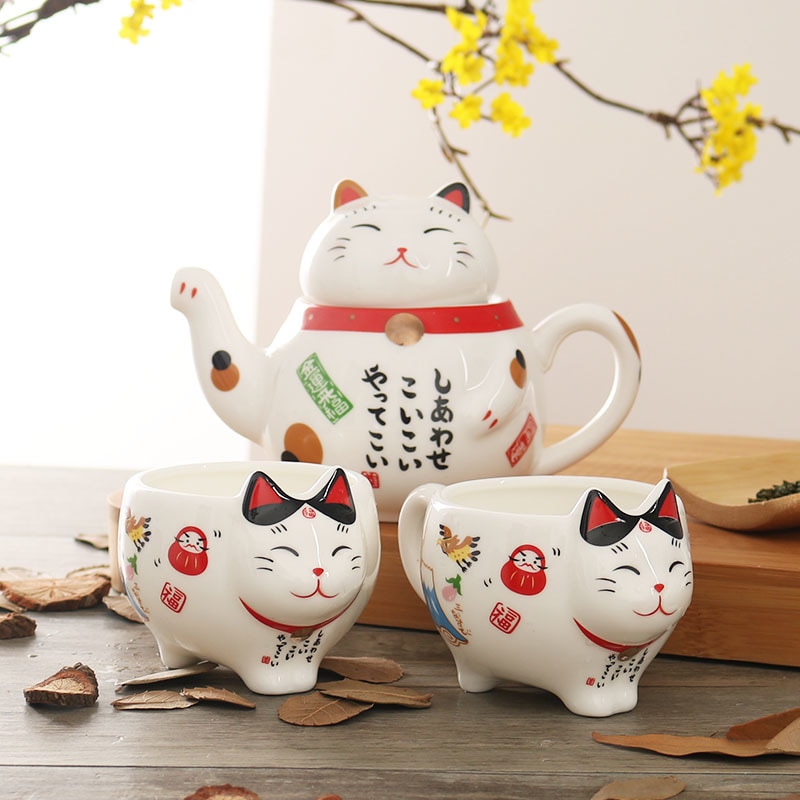 Japanse aardewerk leuke cartoon kat theepot en kopje pak mooie fortune kat mini thee set geschenkdoos thee pot koffie melk mok sets
