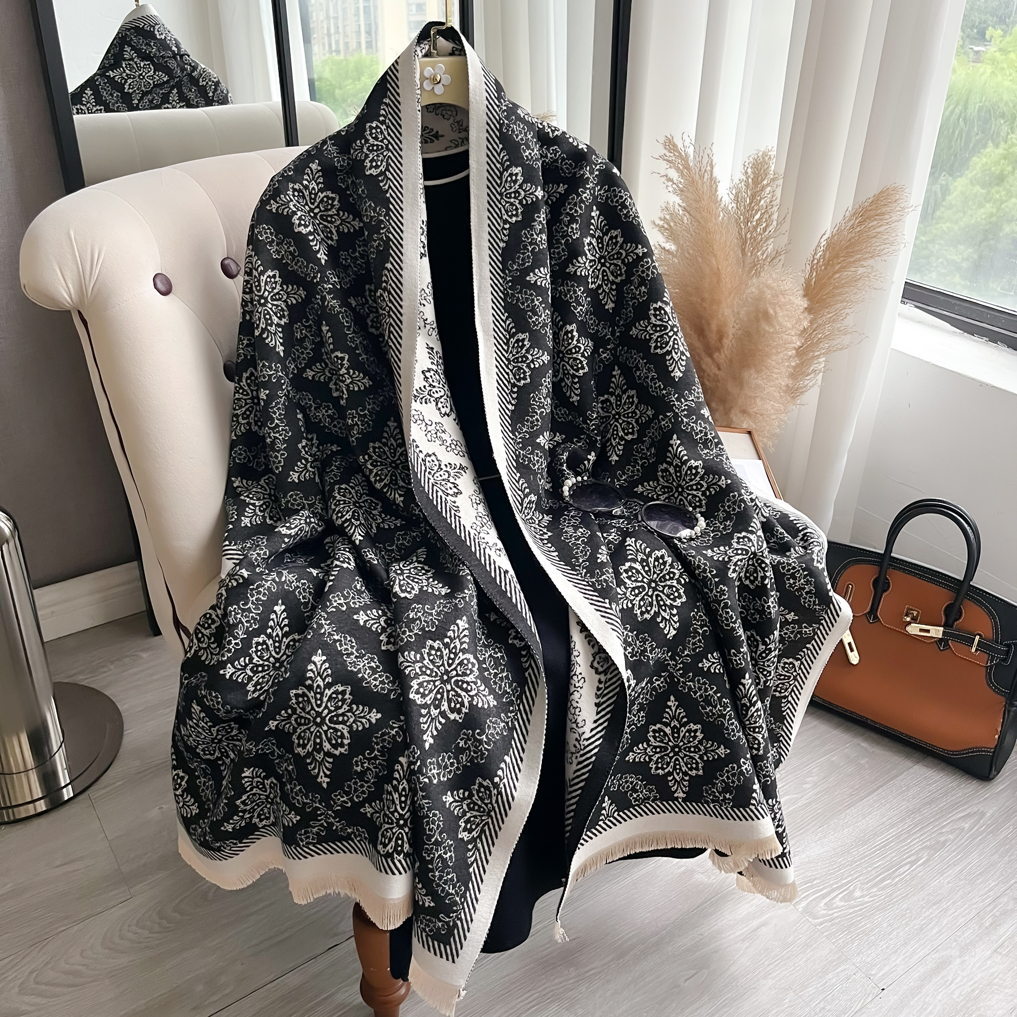 Marca de luxo dupla face estilo étnico cachecol pashmina cashmere macio quente franja pashmina xale inverno à prova de frio cobertor à prova de vento