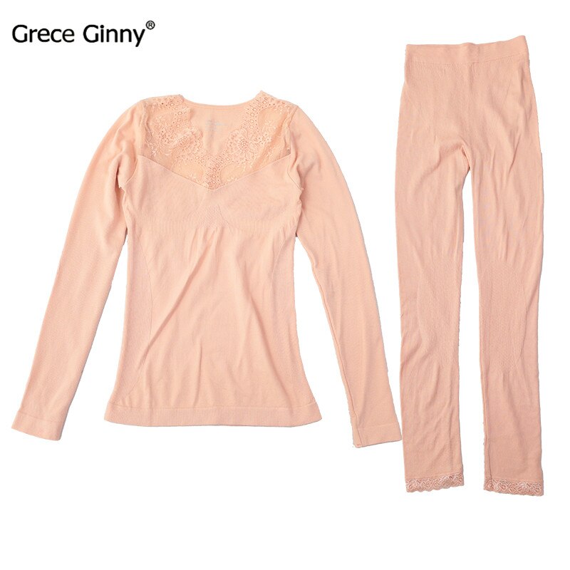 Høst og vinter dame frotté sett blondere side v-hals slank tynn termisk undertøy høst klær: Naken